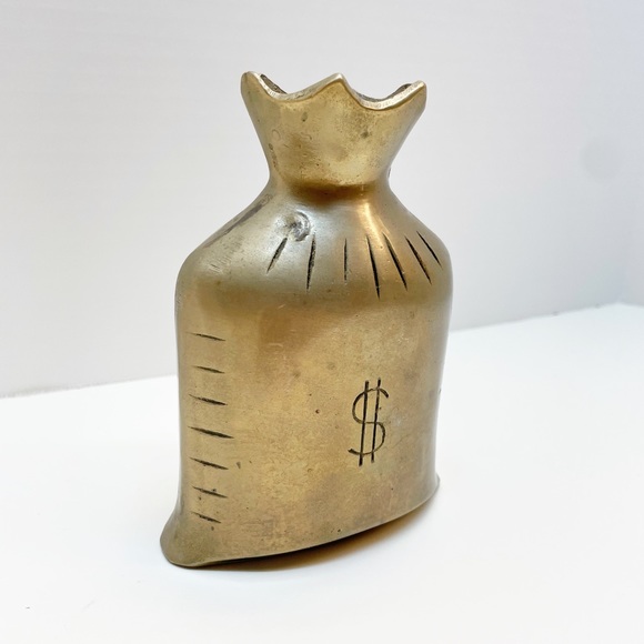 Vintage Brass Figurine Money Bag Vase Pouch Heavy Bank 1960s - Picture 2 of 8